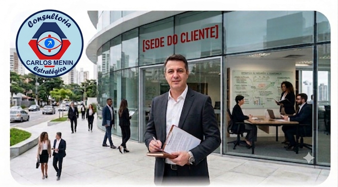 Consultor Carlos Menin com prancheta em mãos em frente à sede do cliente, em um ambiente corporativo moderno. A Consultoria Estratégica se baseia na pesquisa de mercado, com mãos na massa, para descobrir por que compra o cliente e por que não compra.