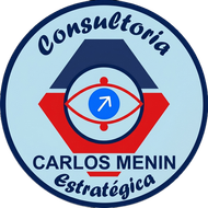 Logo circular azul e vermelho da Consultoria Estratégica Carlos Menin, com ícone central de olho e seta.