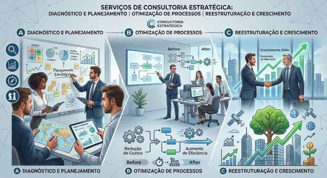 Infográfico que descreve o fluxo de serviços de uma consultoria estratégica em três fases: diagnóstico e planejamento com análise SWOT; otimização de processos focada em eficiência; e reestruturação para o crescimento com foco em expansão de mercado por meio do marketing eficaz com foco no cliente, atual e potencial, e da inovação.
