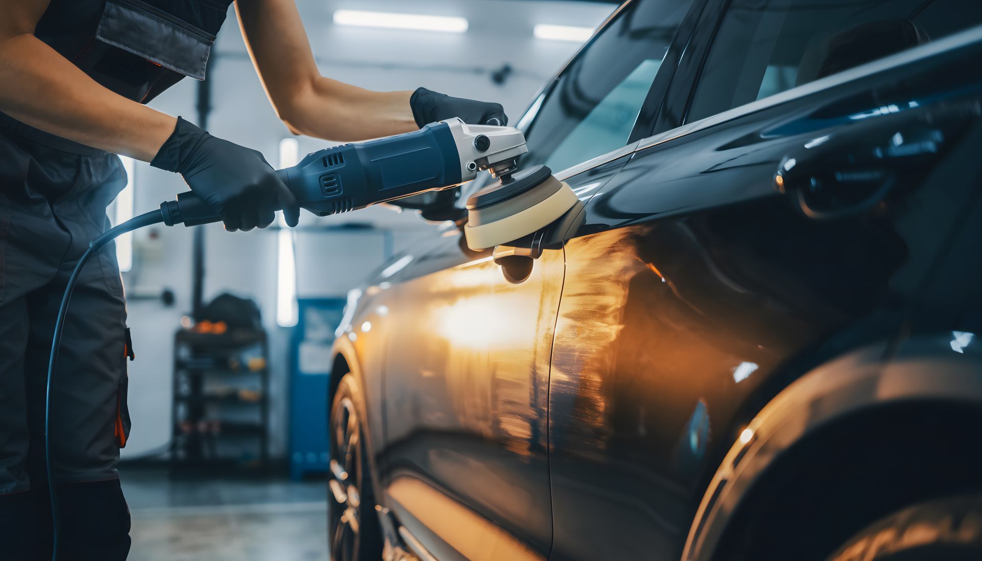 Person using a power buffer to polish and detail a car’s exterior surface