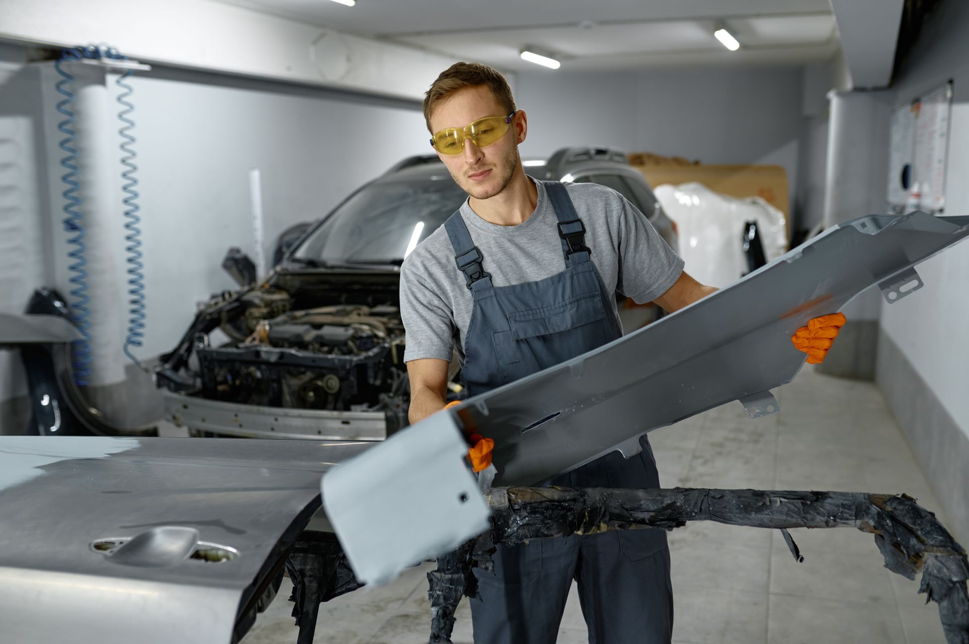 Mechanic engaged in auto part assembly after painting.