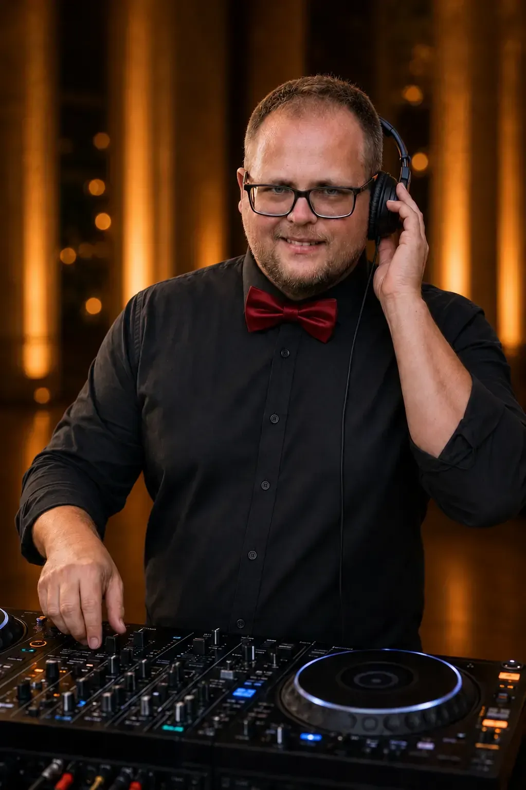 DJ DaniK mit roter Fliege und Kopfhörern vor Lichteffekten