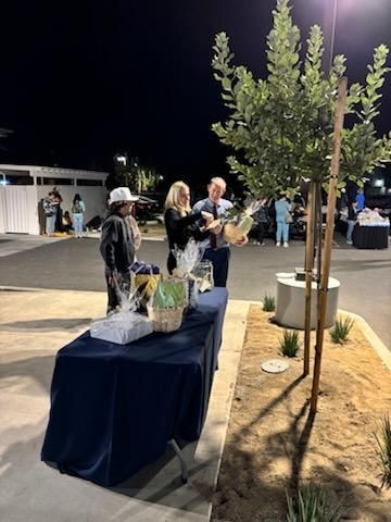 People gathered at an outdoor nighttime market beside a blue table and young trees in planters.