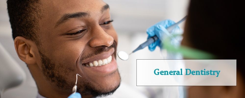 Patient smiling during a dental cleaning, with dentist tools and “General Dentistry” text.