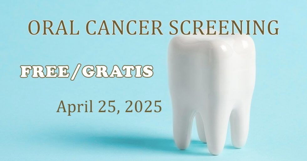 Oral cancer screening poster with white tooth on blue background; free/gratis, every April