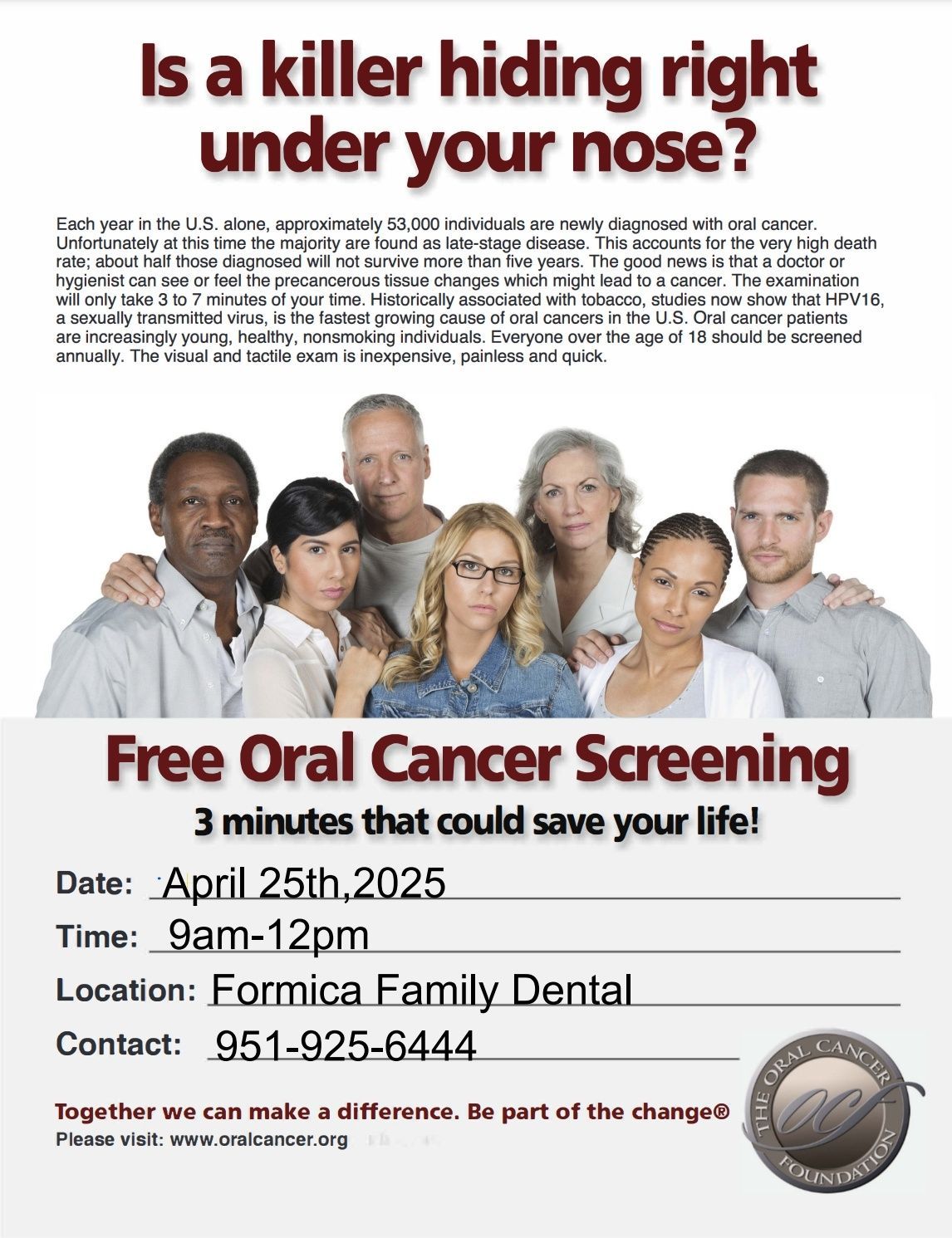 Oral cancer screening flyer for a dental clinic with photos of people and appointment details