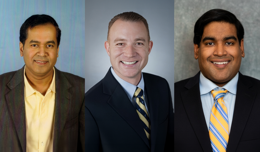 A collage featuring four headshots of professionals in formal business attire posing against neutral backgrounds.