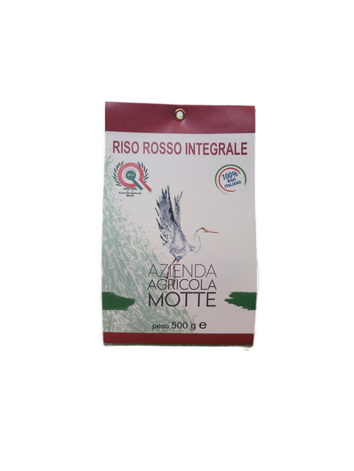 Confezione da 500 g di riso rosso integrale Azienda Agricola Motte con l'illustrazione di un airone.