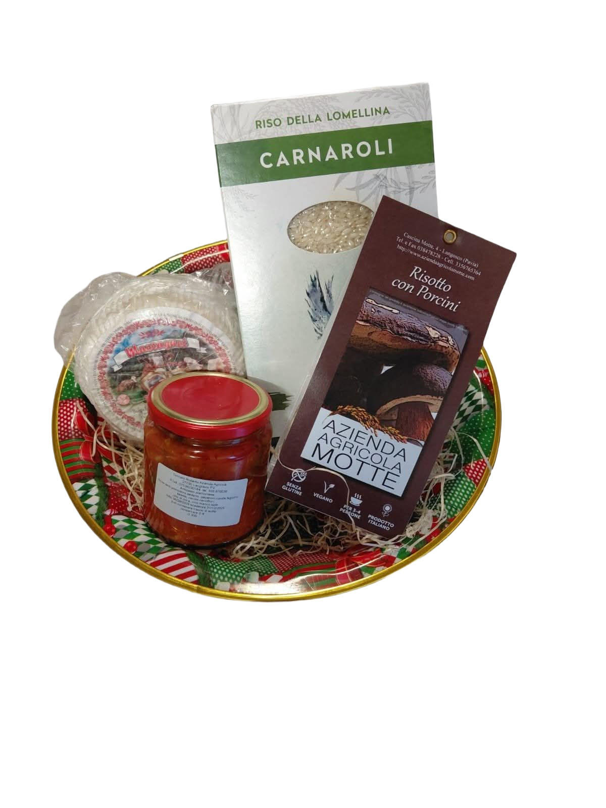 Un cesto regalo in legno contenente snack, una bottiglia con etichetta al limone e dolcetti, decorato con un nastro e un fiocco rosa.
