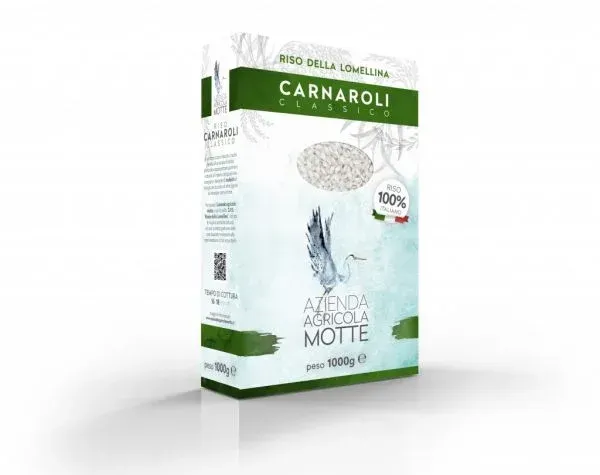 Scatola di riso Carnaroli dell'Azienda Agricola Motte, con design bianco e verde raffigurante un uccello e finestra trasparente.