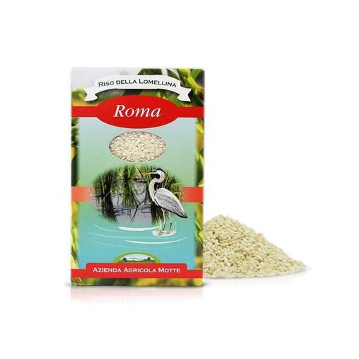 Confezione del riso Roma dell'Azienda Agricola Motte, con l'immagine di un mucchio di chicchi di riso e un airone in una palude.
