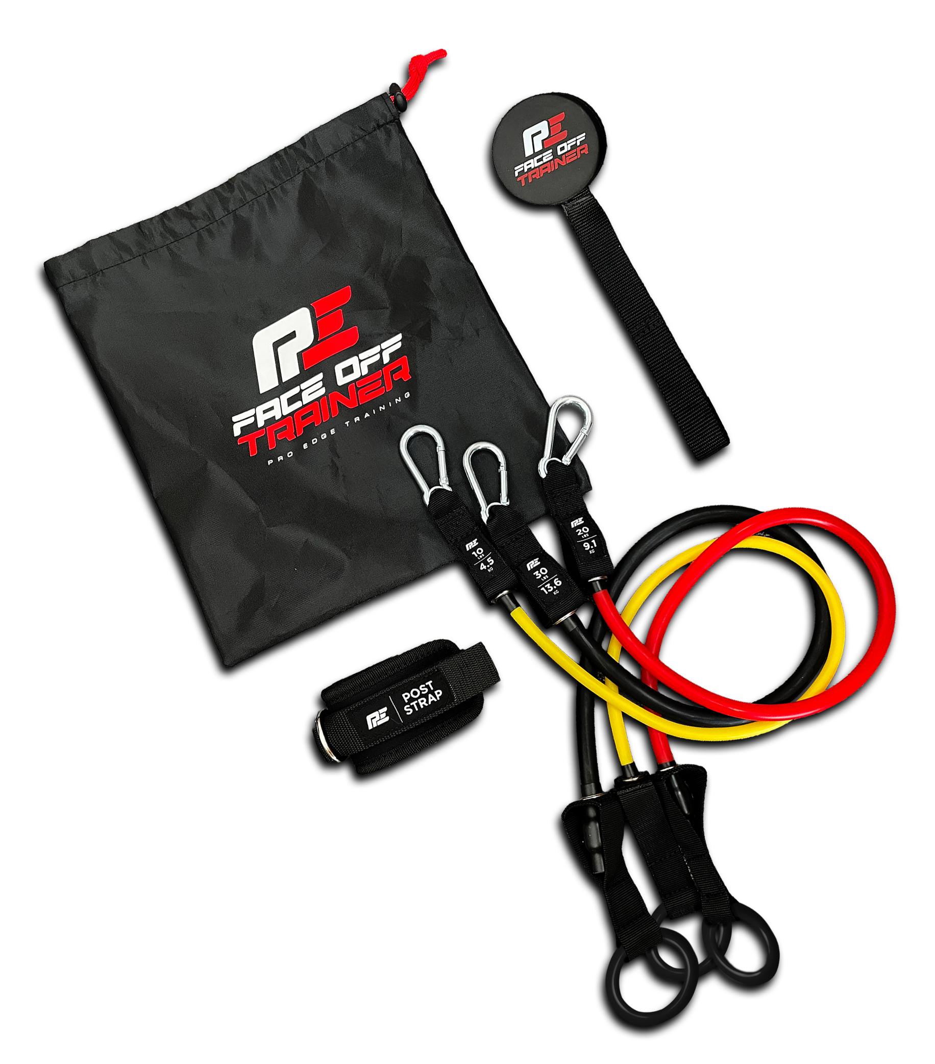 Face off trainer resistance band set with carrying bag, multiple bands, ankle strap, and handles.