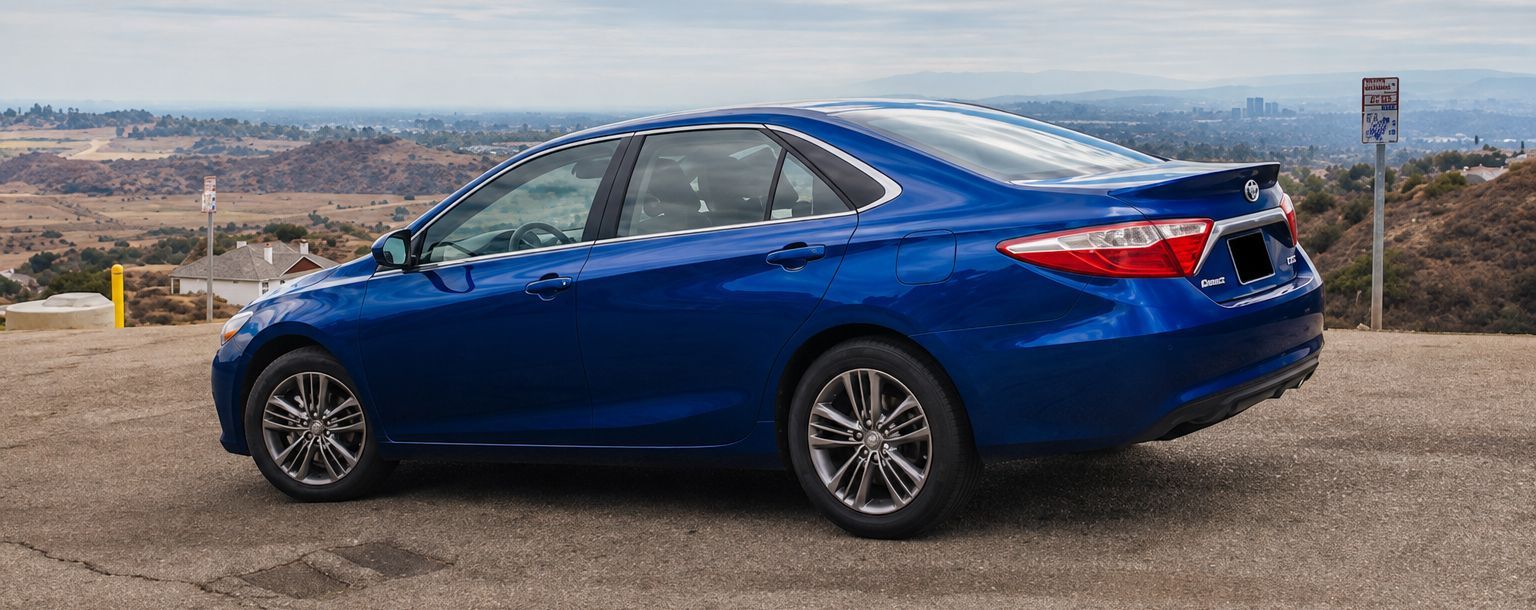 Blue sedan parked on a scenic overlook with a city skyline in the distance