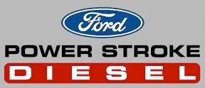 A logo for ford power stroke diesel on a gray background