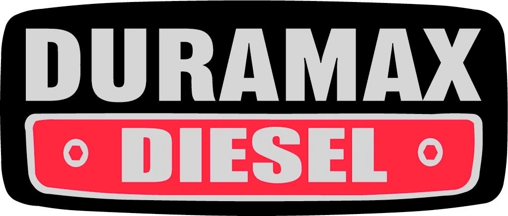 The logo for duramax diesel is red and white on a black background.