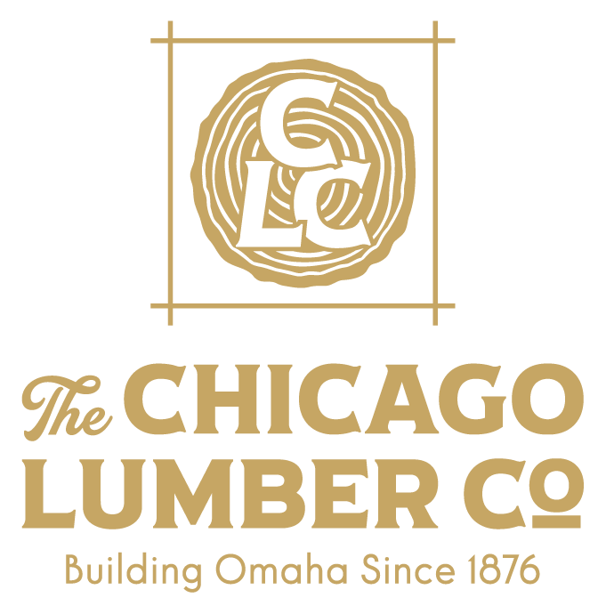 Gold Chicago Lumber Co logo with woodgrain circle and the text “Building Omaha Since 1876”