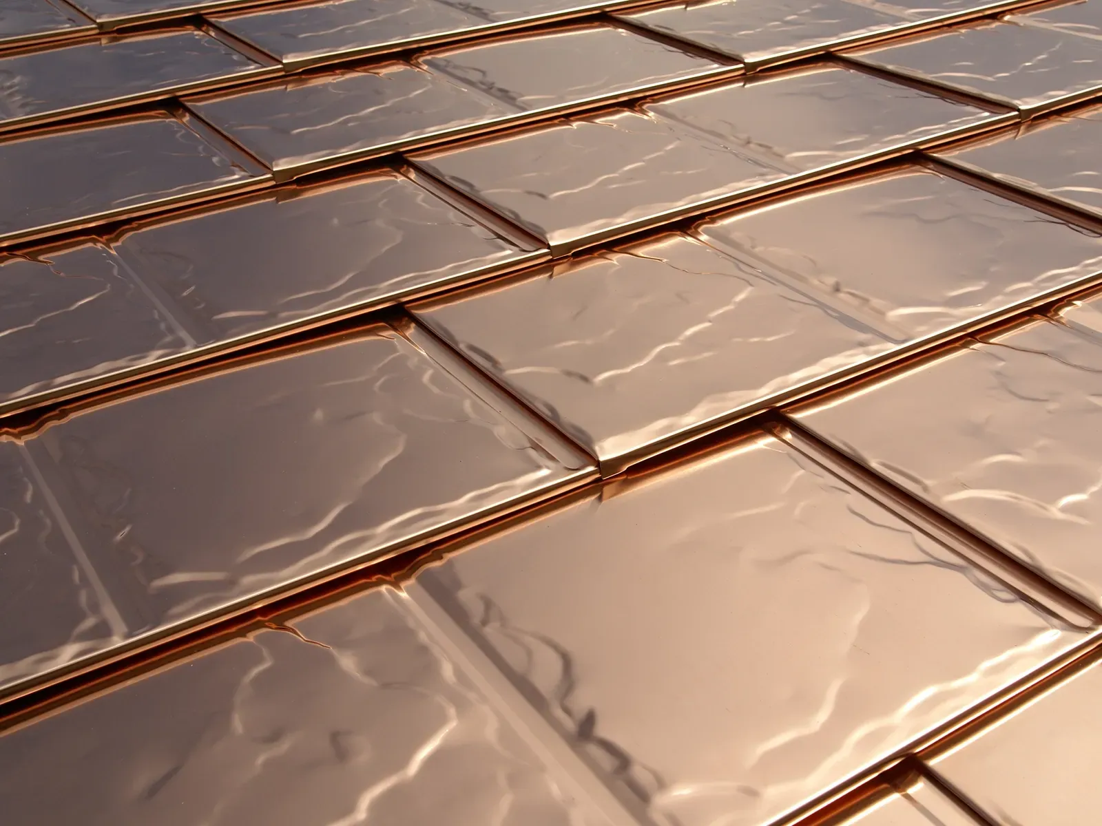 Interlock Solid Copper metal roof shingles close-up with interlocking panels, Portland, Oregon.