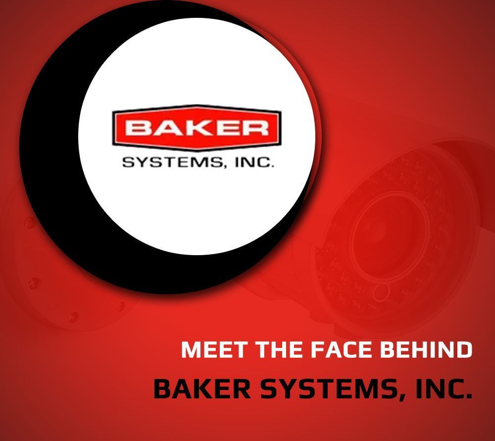 An advertisement for baker systems inc. with a red background.