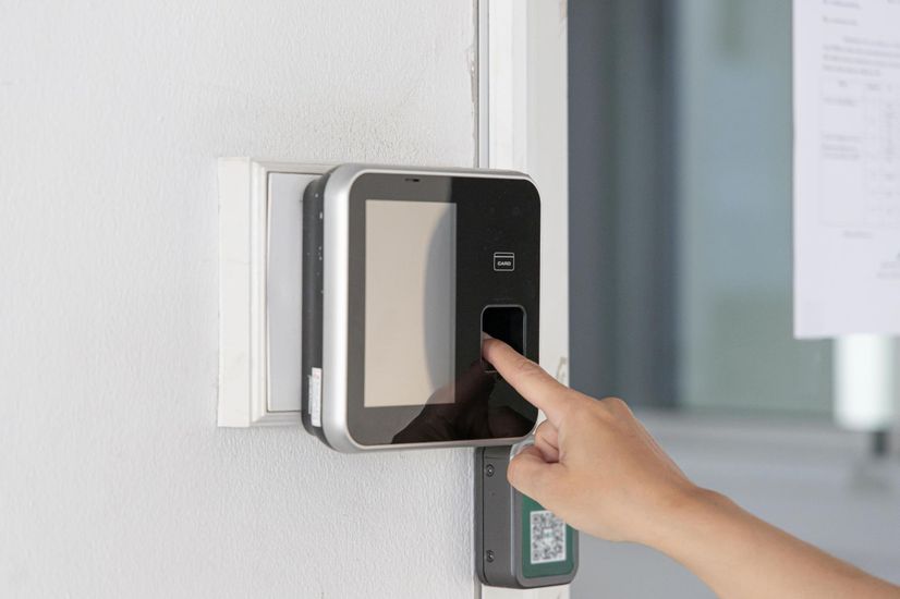 A person is using a fingerprint scanner on a door.