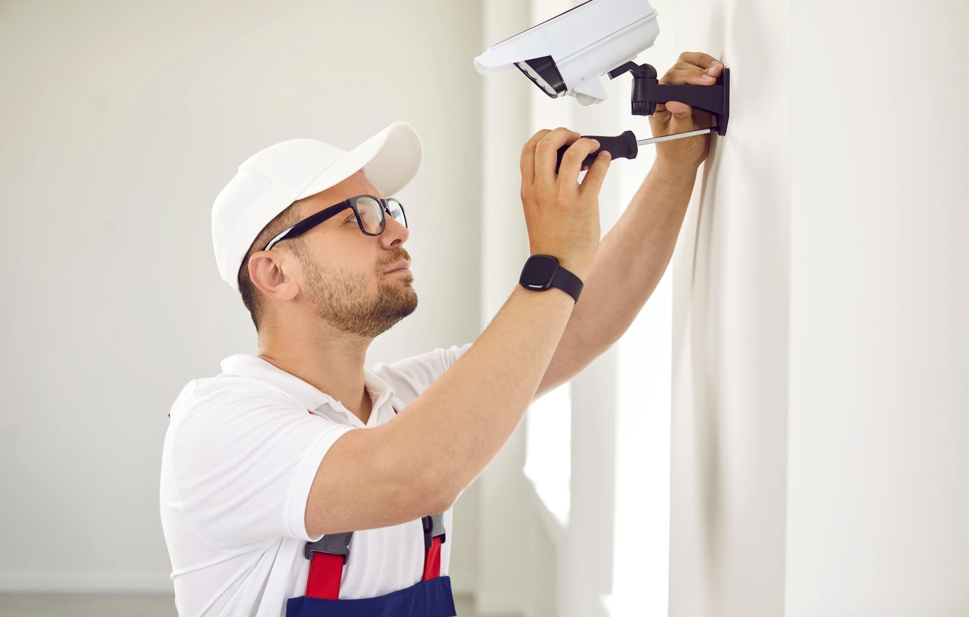 A man is installing a security camera on a wall.