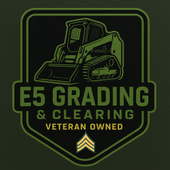 E5 Grading & Clearing veteran-owned logo with a green bulldozer on black background