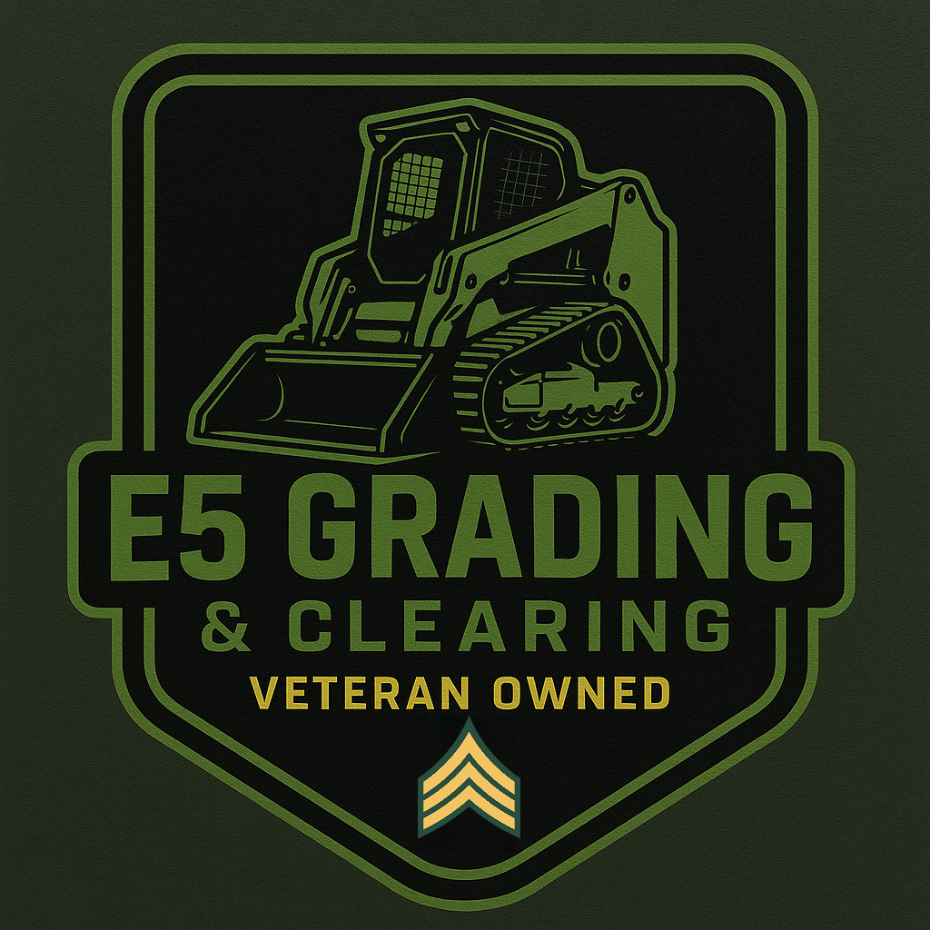 E5 Grading & Clearing veteran-owned logo with a green bulldozer on black background