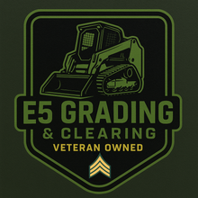 E5 Grading & Clearing veteran-owned logo with a green bulldozer on black background