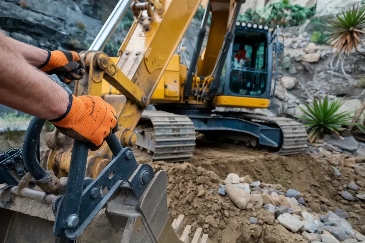 Excavator demolishing rocky ground, with a worker using hydraulic breaker in foreground