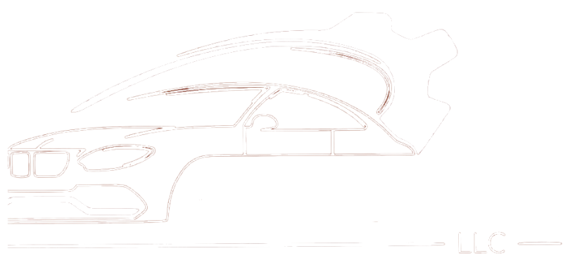 Side view sketch of a BMW sedan with an open trunk in light outline.