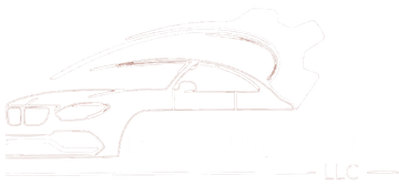 Side view sketch of a BMW sedan with an open trunk in light outline.