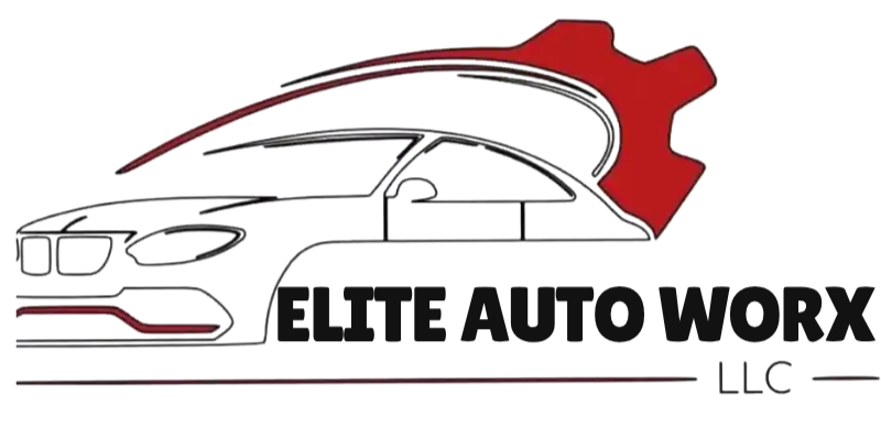 Elite Auto Worx LLC logo with red car outline and gear icon on white background