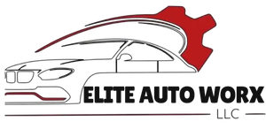 Elite Auto Worx LLC logo with red car outline and gear icon on white background