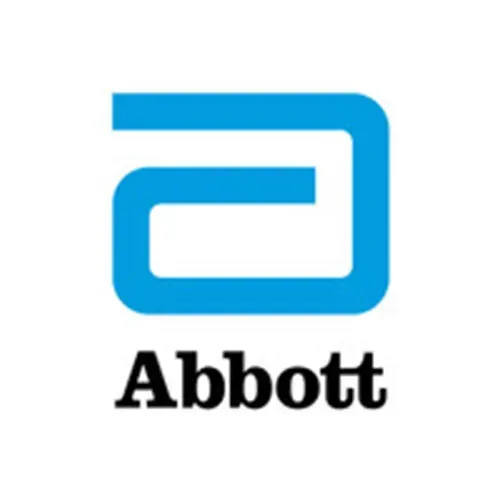 Abbott logo with blue stylized “a” symbol and black wordmark on white background