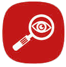 White magnifying glass with eye icon on a red rounded-square background