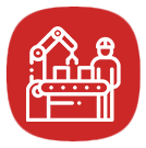 White line icon of a factory worker beside a conveyor belt inside a red rounded square.