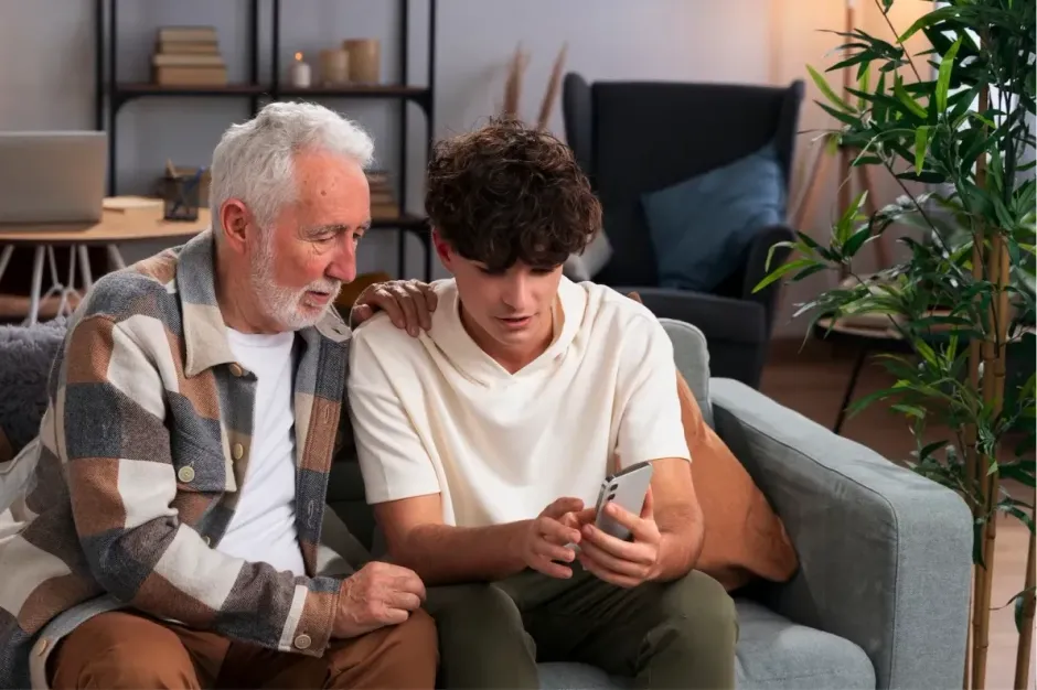 Two people sit on a gray sofa, looking at a smartphone together, with one person resting a hand on the other's shoulder.