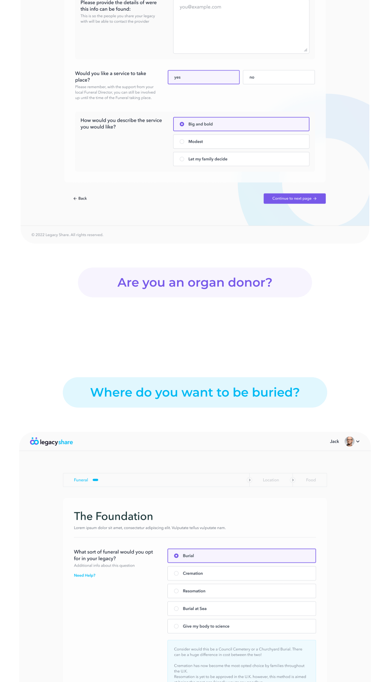A series of interface screens from an online form, including fields for organ donor status and burial preferences.