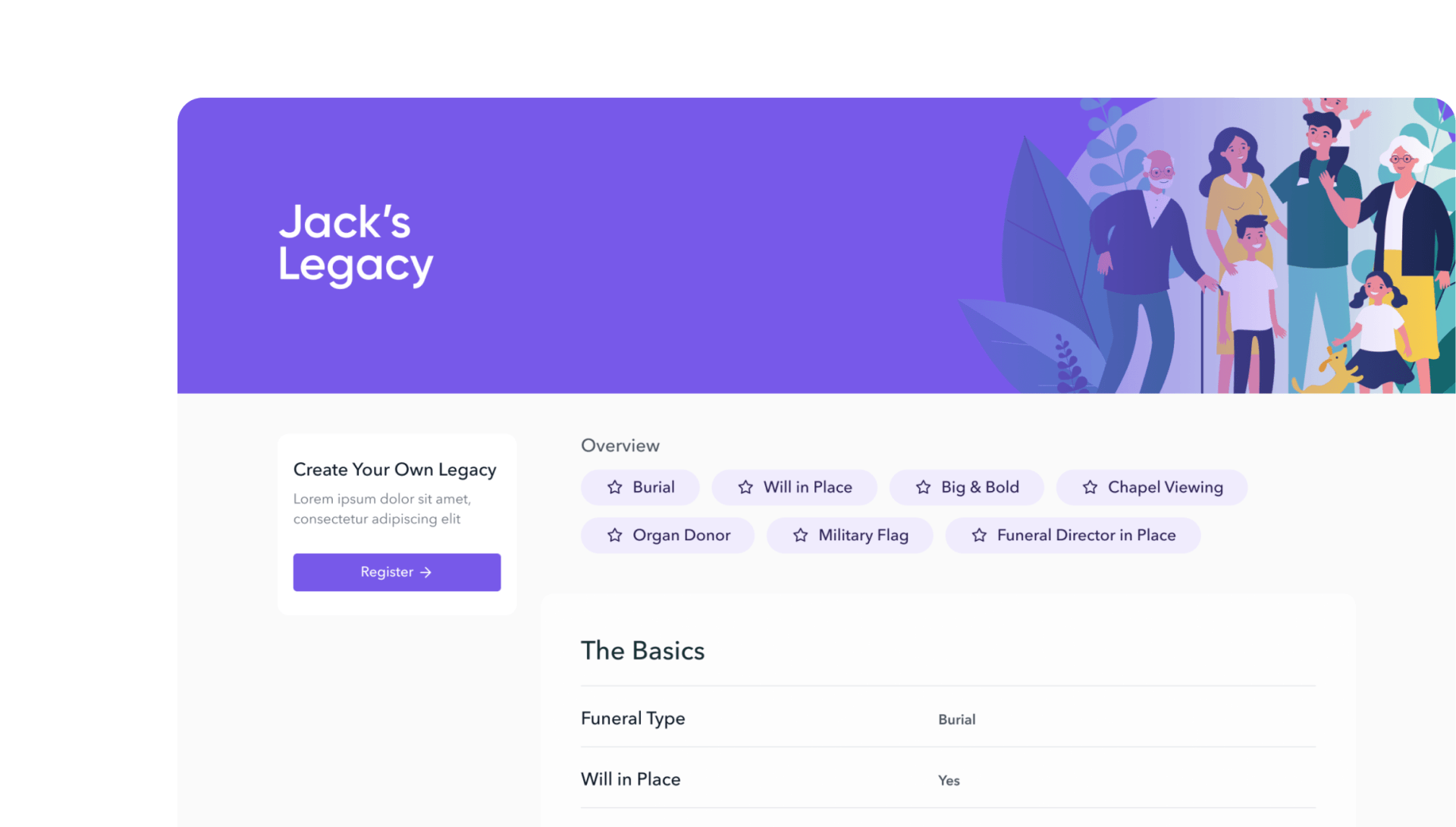 The Jack's Legacy web dashboard features an illustration of a diverse family with a purple header and navigation menu.