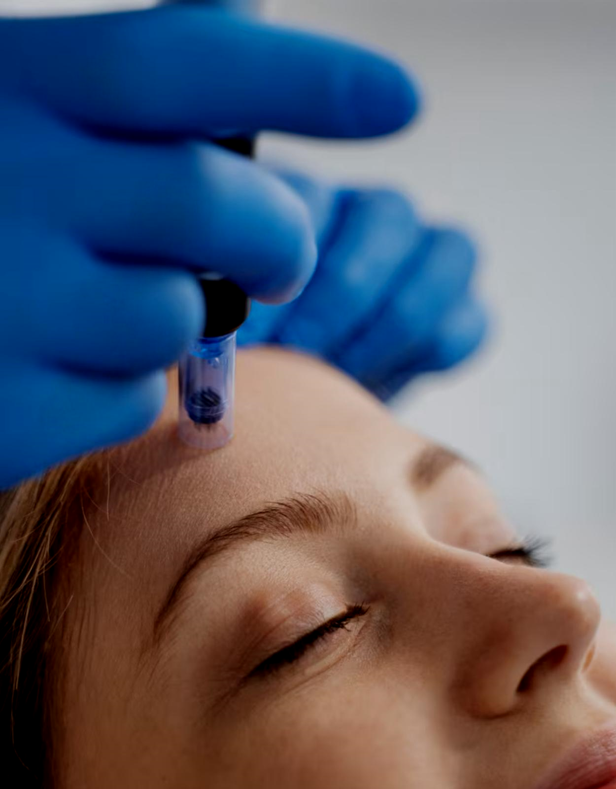 A person receiving a microneedling treatment on the forehead; blue-gloved hand holds the device.