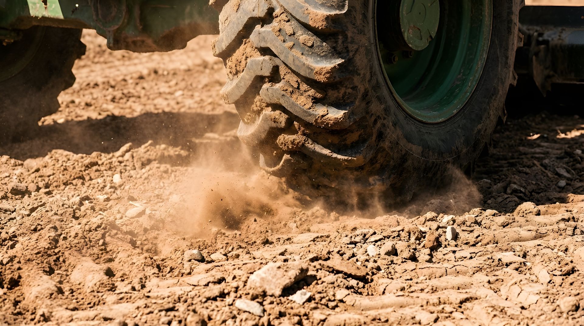 Close-up of a farm machinery tyre on the ground, covered in dirt.