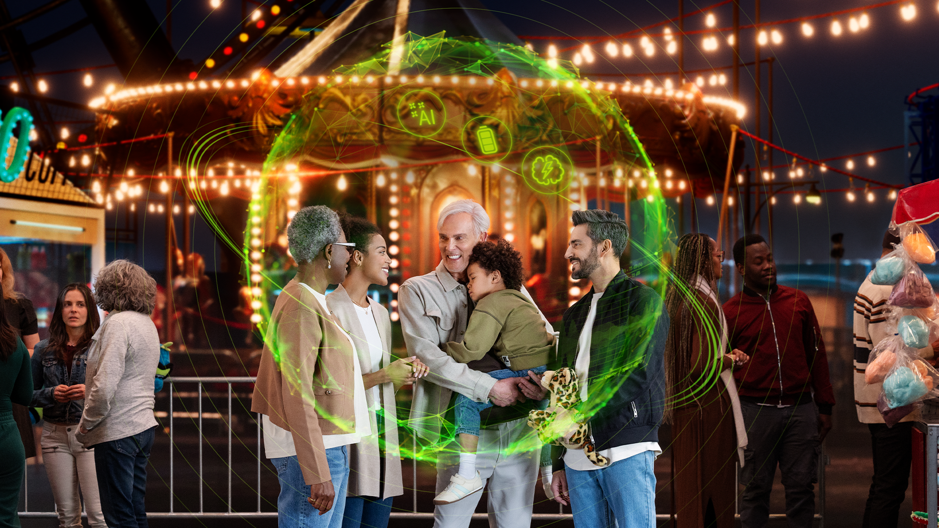 Friends chatting under string lights at a lively outdoor festival, with green light trails in the foreground