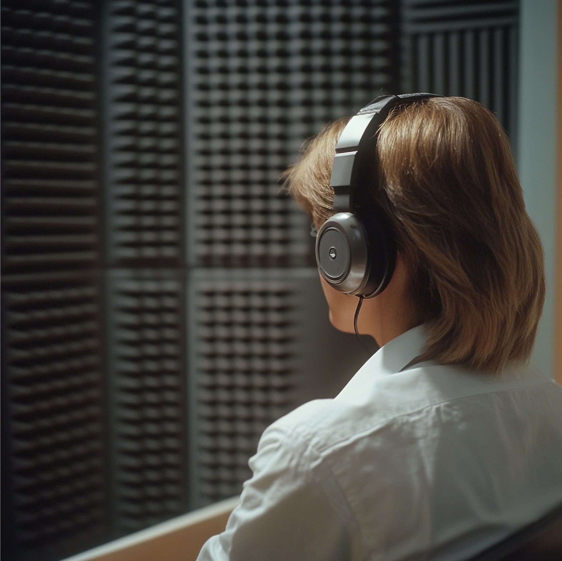 Person wearing headphones in a soundproof recording booth, seen from behind.