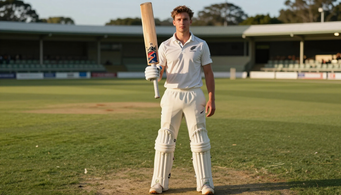 Cricketer in white uniform holding a bat on a cricket pitch at a stadium