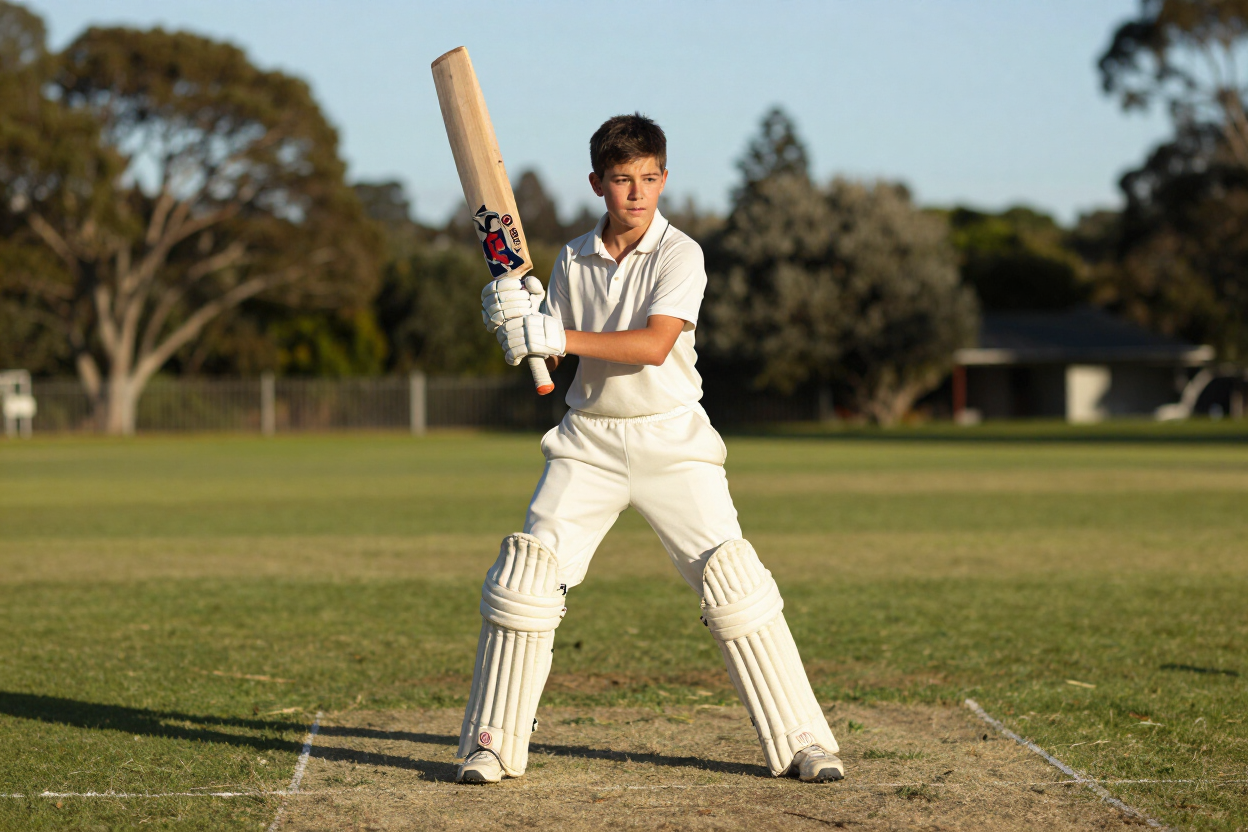 Cricket player in white gear holding a bat on a grassy field, poised to bat.