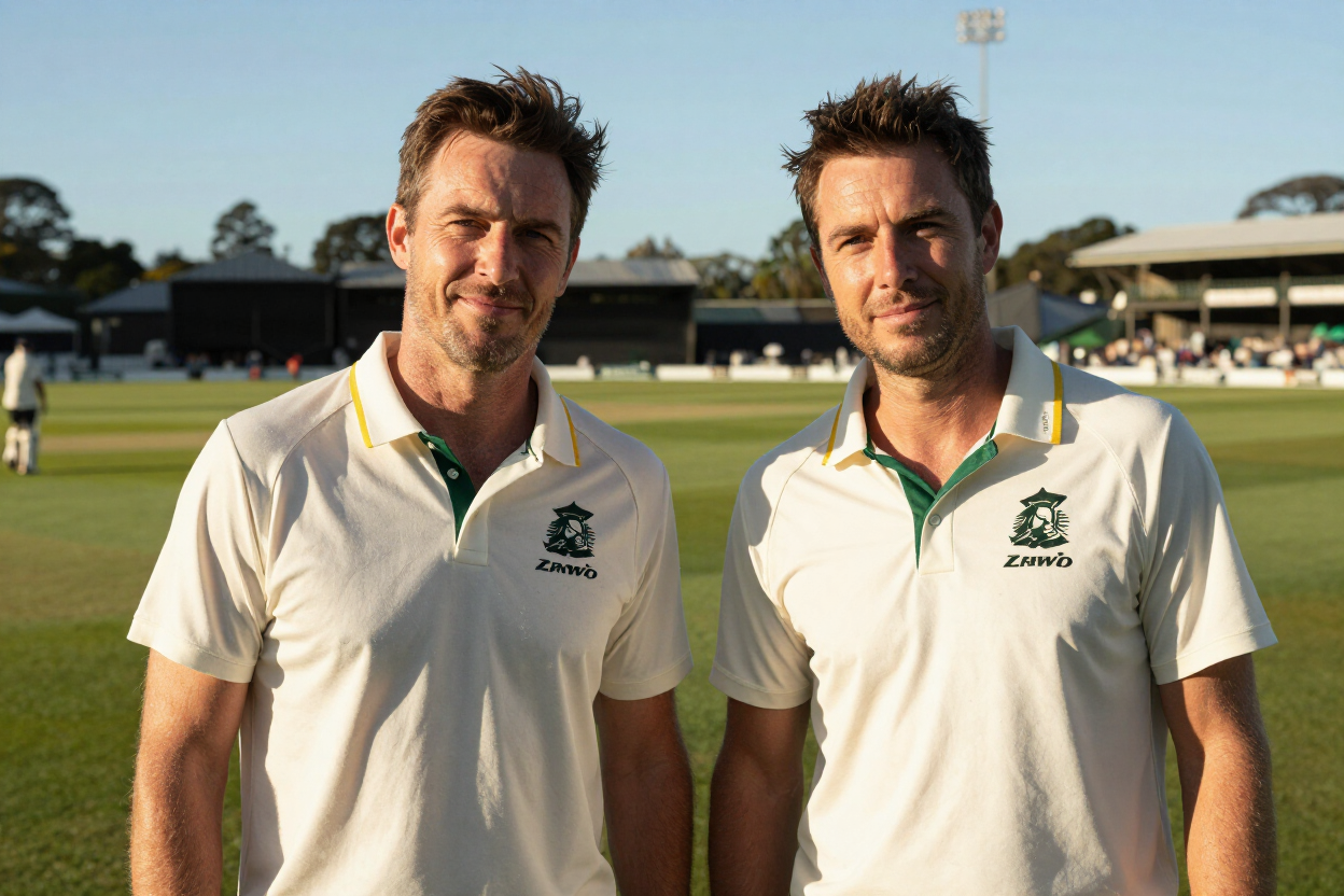 Two men in white polo shirts stand on a grassy sports field, with buildings in the background.