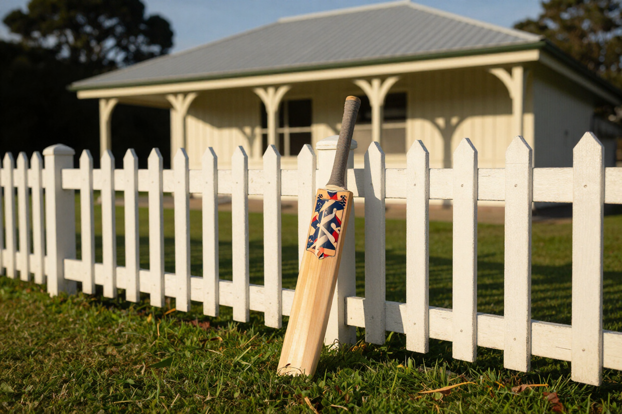 Club cricket bat at a New Zealand cricket ground — Cheeky Players club range.