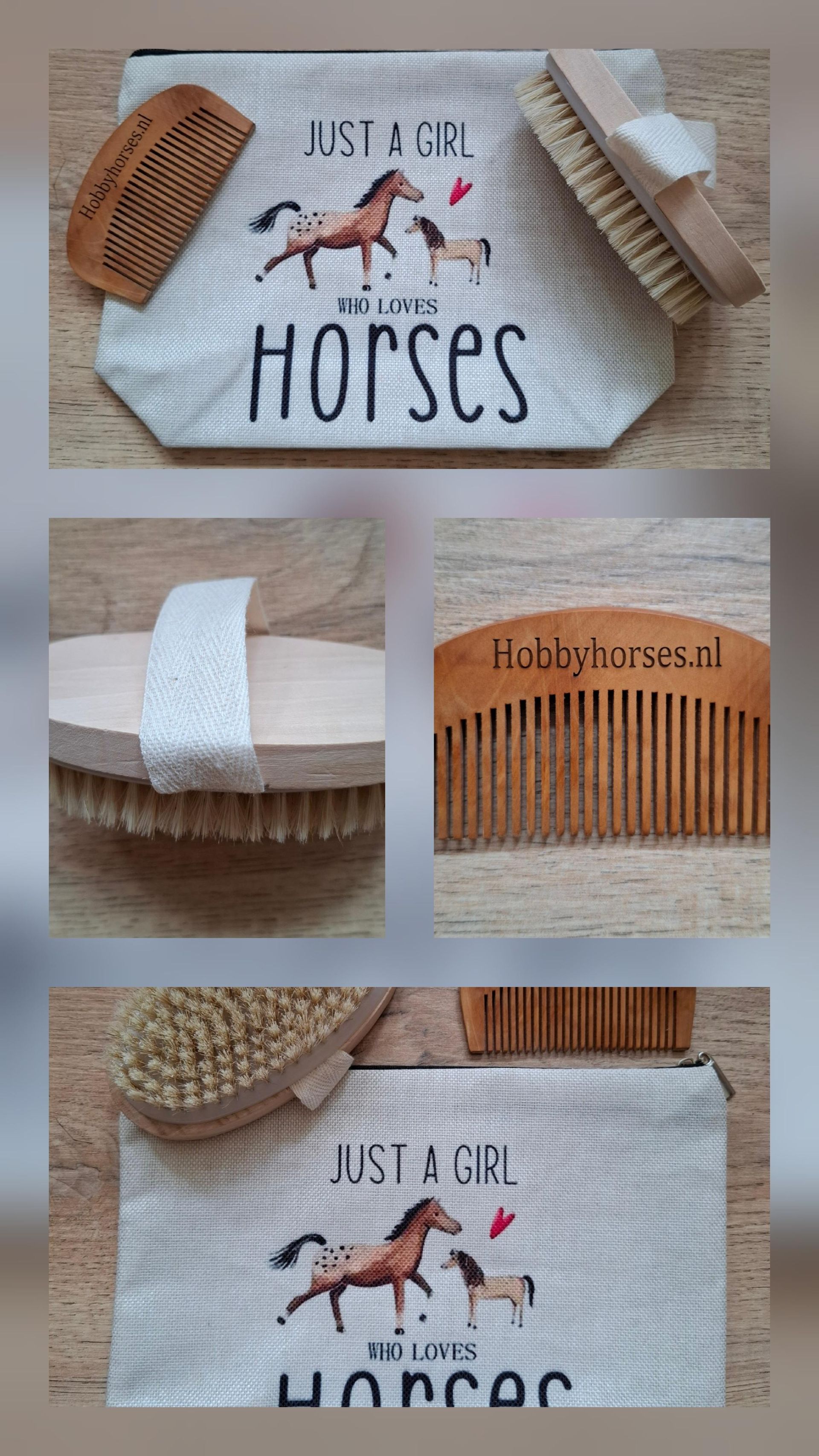 Verzorgingsset: canvas tas met paardenafbeelding, borstel en houten kam.