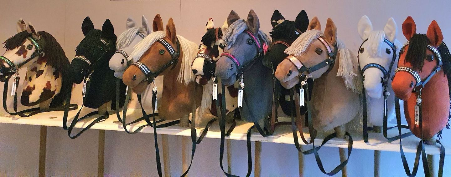 Een rij hobbyhorses stokpaarden met verschillende vachtkleuren, manen en hoofdstellen