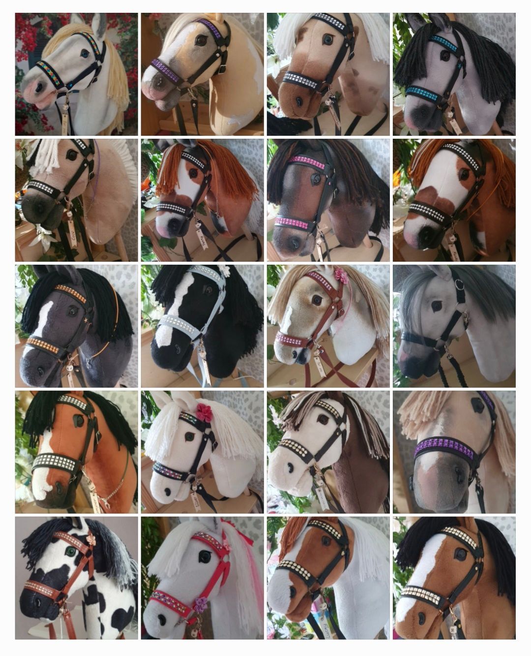 Een collage van twintig hobbyhorses / stokpaarden, elk met unieke kleuren, manen en versierde hoofdstellen.