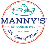 Manny's of Kansas City logo with a sombrero, red and blue text, circle border,